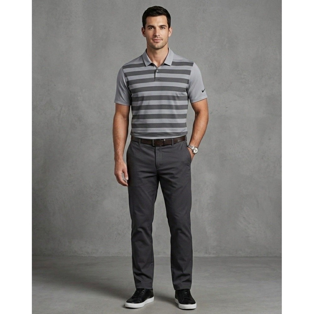 Nike Golf Dri-Fit Polo Shirt Mens Medium Gray Striped Performance Swoosh